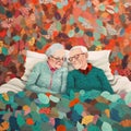 old woman man couple asleep happy sleeping bed retired together love aged. Generative AI. Royalty Free Stock Photo