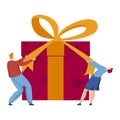 Man and woman open birthday or christmas present big gift box. Big surprise gift for New Year or birthday vector