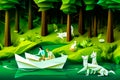 Man and woman are in paper boat in lake surrounded by animals. Generative AI Royalty Free Stock Photo