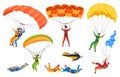 Man and woman parachutists set vector flat illustration. Parachute skydivers jumping, flying