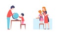Man and Woman Parent Bringing up Kids Educating and Teaching Culinary and Geography with Globe Vector Set