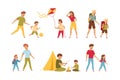 Man and Woman Parent with Kids Enjoying Different Activity Together Vector Set Royalty Free Stock Photo