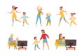 Man and Woman Parent with Kids Enjoying Different Activity Together Vector Set Royalty Free Stock Photo