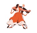 Man and woman partners couple performing waltz. Happy male and female duet, ballroom dance movement. Classic