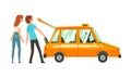 Man and Woman Passenger and Orange Taxi Cab Vector Illustration