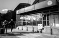 Man and woman passing by Police station in Hamburg Royalty Free Stock Photo