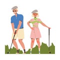 Man and Woman Pensioner Character with Club Playing Golf Engaged in Hobby Activity on Retirement Vector Illustration
