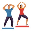 Man and woman perform squats on mats at gym. Athletic couple exercising together, fitness workout vector illustration