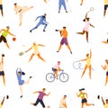 Man and woman performing various kinds of sports seamless pattern. People demonstrate physical activity vector flat