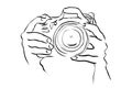 Man or Woman Photographer Hand Take a Picture, using dlsr, tele lens attatched, simple vector manual hand draw sketch, isolated on