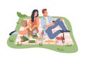 Man and woman picnic on nature, blanket with food