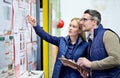 Man, woman and planning schedule with board in warehouse with calendar for order details. Business, people and checking Royalty Free Stock Photo