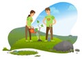 Man and Woman Planting Tree in Mountains, Nature