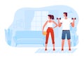 A man and a woman play sports at home in the living room. The concept of a healthy lifestyle and home workouts.