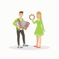 Man and Woman Playing Accordion and Tambourine, People Performing at Concert or Music Festival Vector Illustration Royalty Free Stock Photo