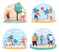 Man and woman playing badminton, frisbee, soccer Royalty Free Stock Photo