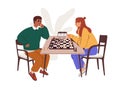 Man, woman playing chess at game board at table. Chessboard players competitors, two rivals at international tournament Royalty Free Stock Photo