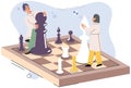 Man and woman playing chess stand on chessboard with figures. Sport tournament, intelligence hobby