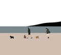 Man and woman playing with dogs on the beach at low tide. Royalty Free Stock Photo