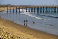 A man and a woman playing with their dog on the beach near the pier with vast blue ocean water and silky brown sand Royalty Free Stock Photo