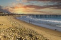 A man and a woman playing with their dog on the beach near the pier with vast blue ocean water and silky brown sand Royalty Free Stock Photo