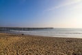 A man and a woman playing with their dog on the beach near the pier with vast blue ocean water and silky brown sand Royalty Free Stock Photo