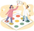 Man and woman playing twister at floor, people spend time together, happy family playing indoor game