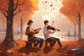 Man and woman playing violin in autumn park with fallen leaves.AI Generated. Royalty Free Stock Photo