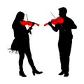 Man and woman playing violin duet silhouette isolated on white. Classic music performer concert. Musician artist amusement