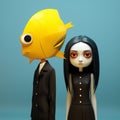 Minimalist 3d Character And Fish: Detailed Vray Design With Somber Mood