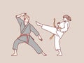 Man woman practice karate red belt training sparring partner simple korean style illustration Royalty Free Stock Photo