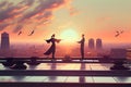 Man and woman practicing qigong showing energy of tai chi outdoors, evening city lights and skyscrapers background