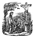 Vintage Antique Religious Biblical Drawing or Engraving of man and Woman Praying in Front of Christian Cross with Jesus Royalty Free Stock Photo