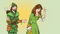 Man and woman. Princess teaching Robin Hood. Teaching princess. Lady in medieval dress. Medieval legend. Medieval woman Royalty Free Stock Photo