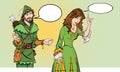 Man and woman. Princess teaching Robin Hood. Teaching princess. Lady in medieval dress. Medieval legend. Medieval woman Royalty Free Stock Photo