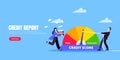 Man and woman push credit score arrow gauge speedometer indicator with color levels.