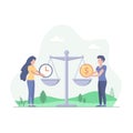 Man and Woman put clock and money on the scales vector flat illustration. Business and Time Management Balance, Planning. Time is
