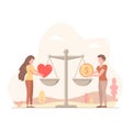 Man and Woman put Heart and money on scales vector illustration. Money and love balance on scale. Weights with love and money coin Royalty Free Stock Photo