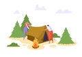 Man Woman Put Up Tent Forest Vacation. People Character Camp in Wildlife Nature Forest. Family Summer Picnic Campfire Royalty Free Stock Photo