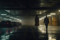 A man and a woman race through an underground parking lot, the neon lights reflecting off their outfits. The adrenaline