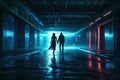 A man and a woman race through an underground parking lot, the neon lights reflecting off their outfits. The adrenaline