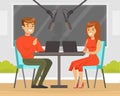 Man and Woman on the Radio Podcast with Microphone Talking Live in Studio Vector Illustration Royalty Free Stock Photo