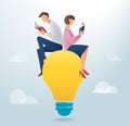 Man and woman reading book and sitting on a light bulb, creative concept vector Royalty Free Stock Photo