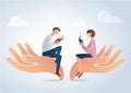 Man and woman reading books on big hands, education concept vector Royalty Free Stock Photo