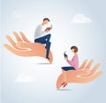 Man and woman reading books on big hands, education concept vector Royalty Free Stock Photo