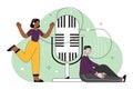 Man and woman recording podcast