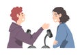 Man and Woman Recording Podcast, Radio Host Interviewing Guest in Studio on Air, Podcasting Cartoon Style Vector Royalty Free Stock Photo