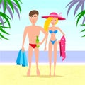 Man and Woman Relaxing On The Beach. Vector Couple Characters.
