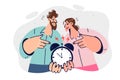 Man and woman remind about deadlines and please hurry up by showing alarm clock.