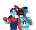 Man and Woman Reporter with Microphone and Camera Filming as Independent Media Work Vector Illustration